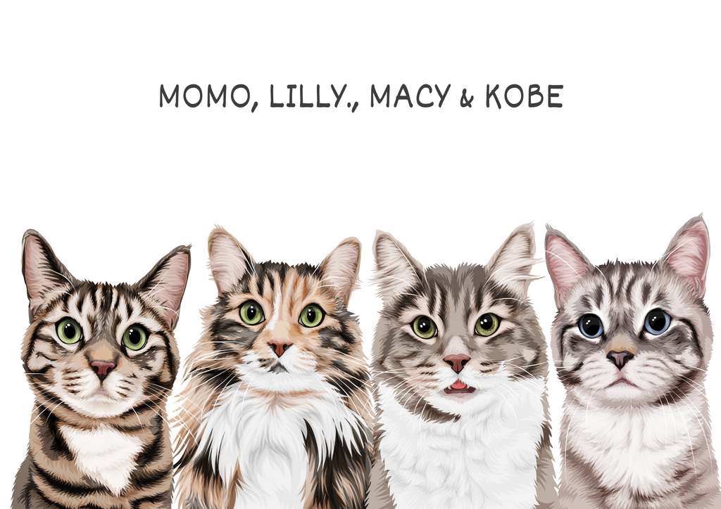 Custom Pet Portrait For Four- Cat, Dog, Horse, Bunny, Turtle, Pet Portraits